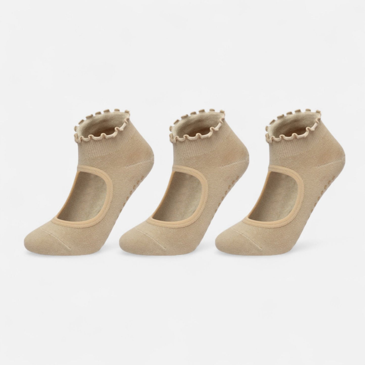 3-Pack Non-Slip Ballet Cut Ankle Socks with Ruffled Trim and Grip Soles for Yoga or Daily Wear