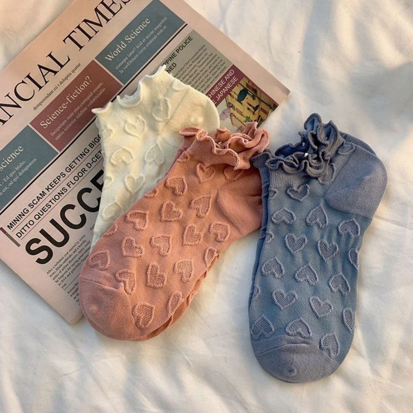 3-Pack Heart Knit Ankle Socks with Ruffle Trim and Soft Stretchy Fabric