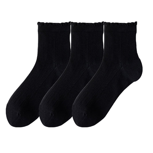 3 Pairs Ruffle Trim Crew Socks Soft Cotton Knit Lightweight Ribbed Texture with Scalloped Edge for Everyday Wear