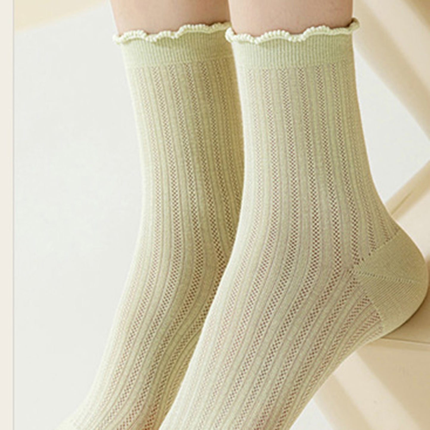 3 Pairs Ruffle Trim Crew Socks Soft Cotton Knit Lightweight Ribbed Texture with Scalloped Edge for Everyday Wear