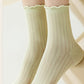 3 Pairs Ruffle Trim Crew Socks Soft Cotton Knit Lightweight Ribbed Texture with Scalloped Edge for Everyday Wear