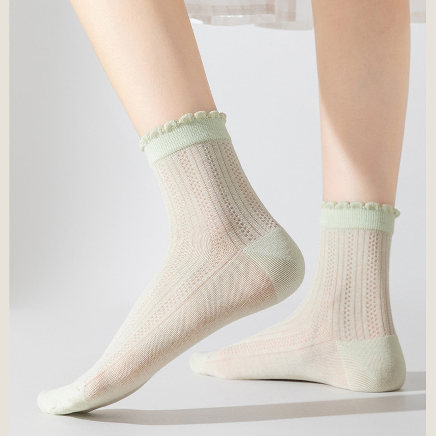 3 Pairs Ruffle Trim Crew Socks Soft Cotton Knit Lightweight Ribbed Texture with Scalloped Edge for Everyday Wear