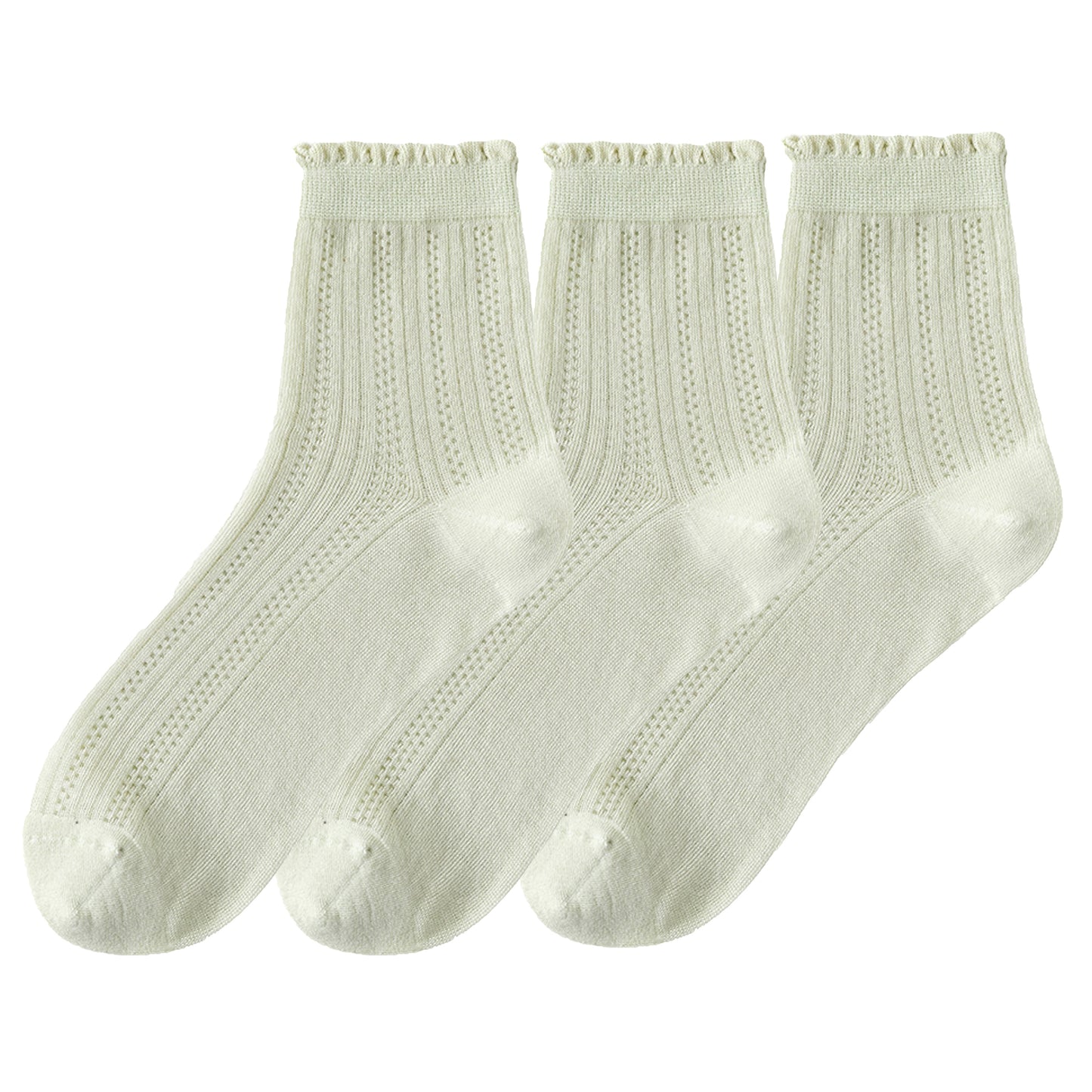3 Pairs Ruffle Trim Crew Socks Soft Cotton Knit Lightweight Ribbed Texture with Scalloped Edge for Everyday Wear