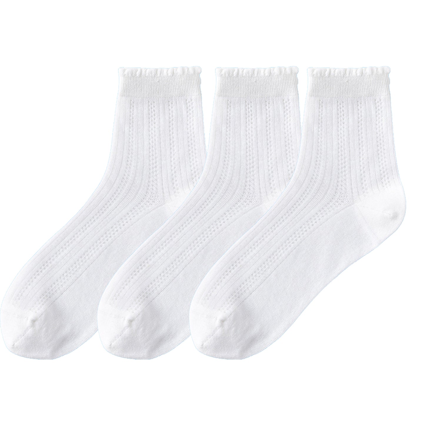 3 Pairs Ruffle Trim Crew Socks Soft Cotton Knit Lightweight Ribbed Texture with Scalloped Edge for Everyday Wear