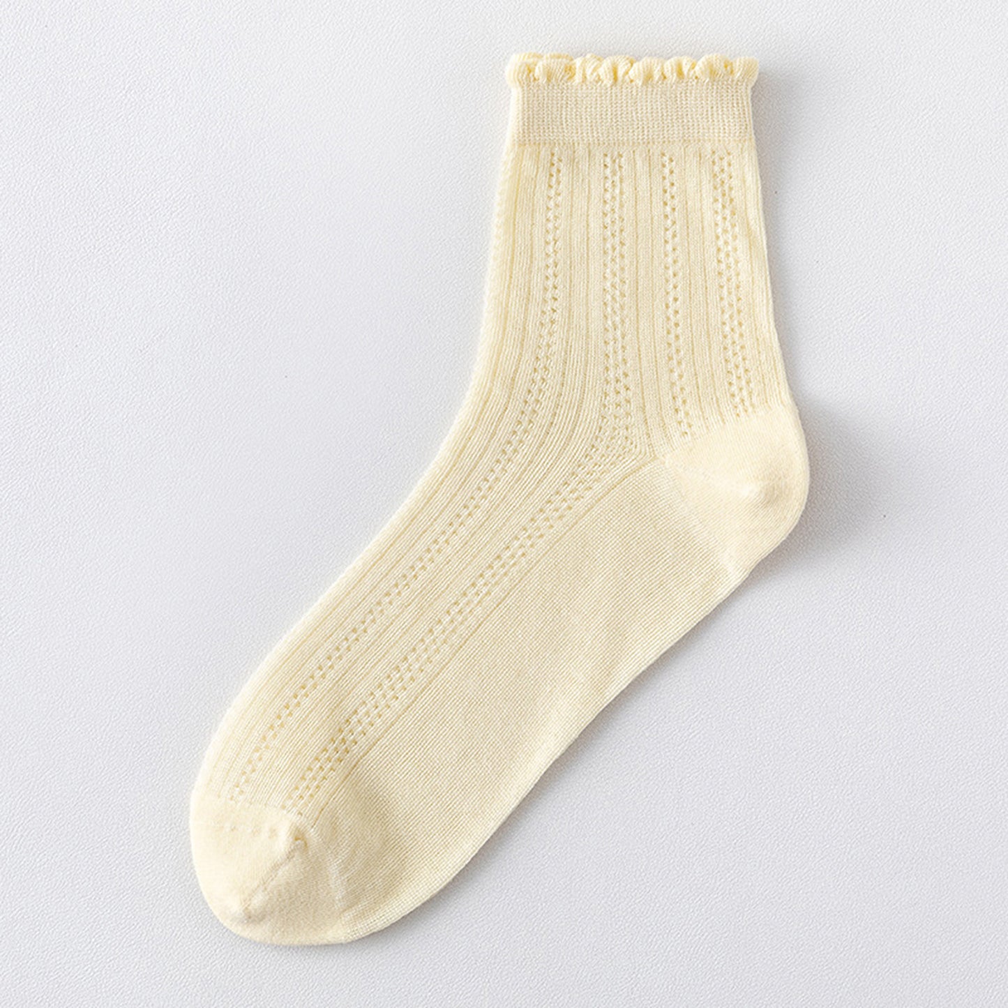 3 Pairs Ruffle Trim Crew Socks Soft Cotton Knit Lightweight Ribbed Texture with Scalloped Edge for Everyday Wear