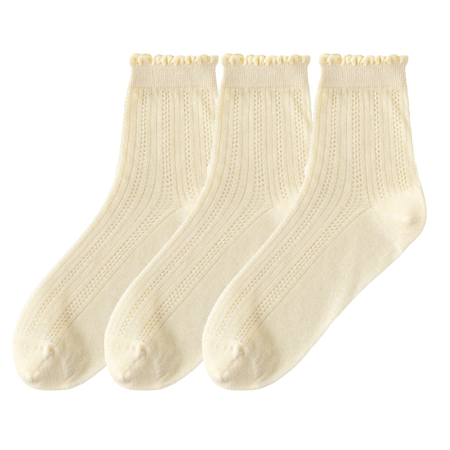 3 Pairs Ruffle Trim Crew Socks Soft Cotton Knit Lightweight Ribbed Texture with Scalloped Edge for Everyday Wear