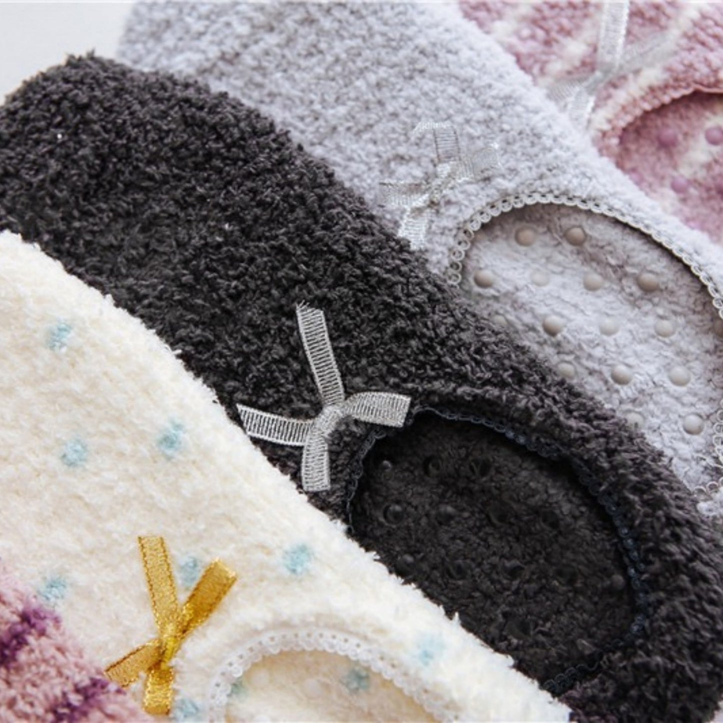 3-Pack Non-Slip Plush Fuzzy Slipper Socks with Fabric Bow and Grip Bottoms