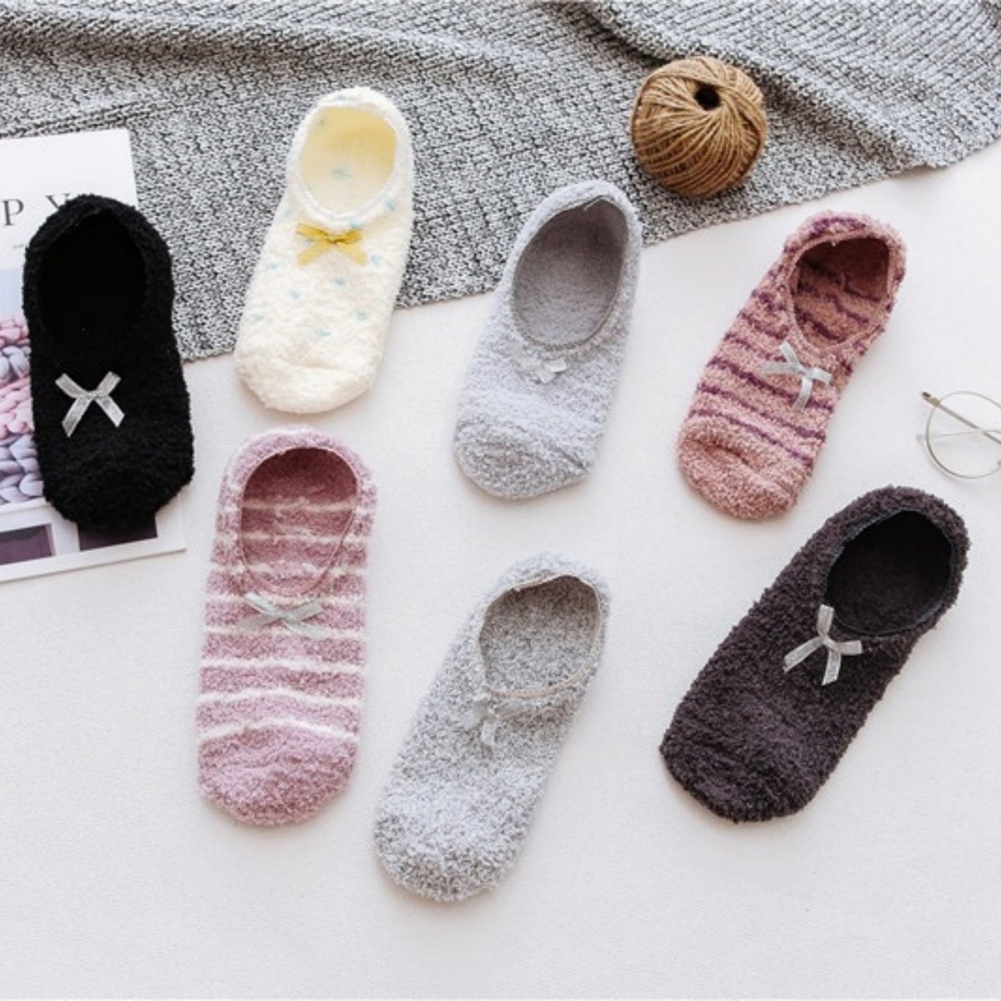 3-Pack Non-Slip Plush Fuzzy Slipper Socks with Fabric Bow and Grip Bottoms