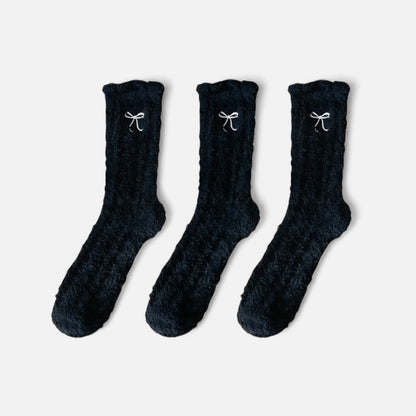 3-Pack Fuzzy Crew Socks with Embroidered Bow Detail and Soft Plush Texture