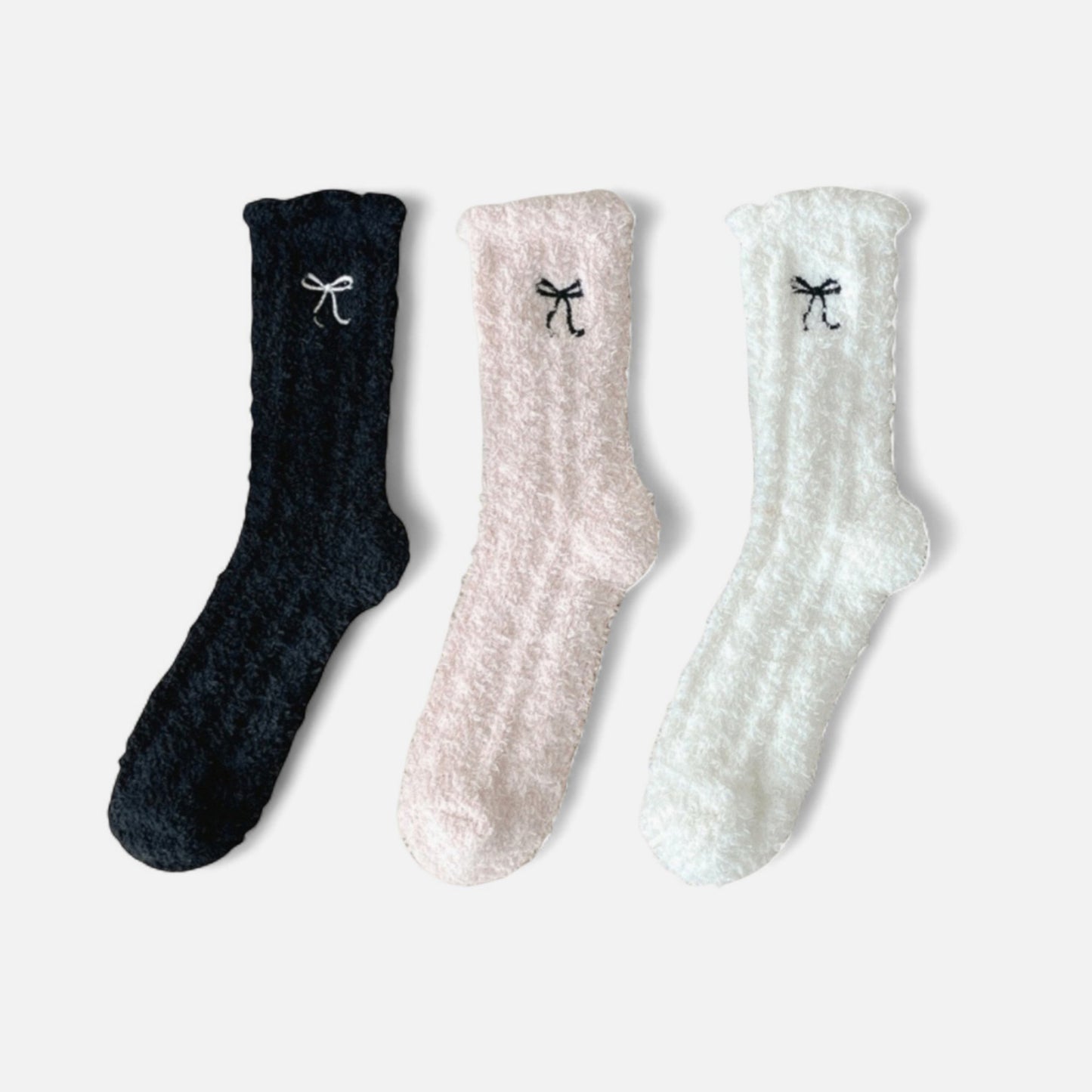 3-Pack Fuzzy Crew Socks with Embroidered Bow Detail and Soft Plush Texture