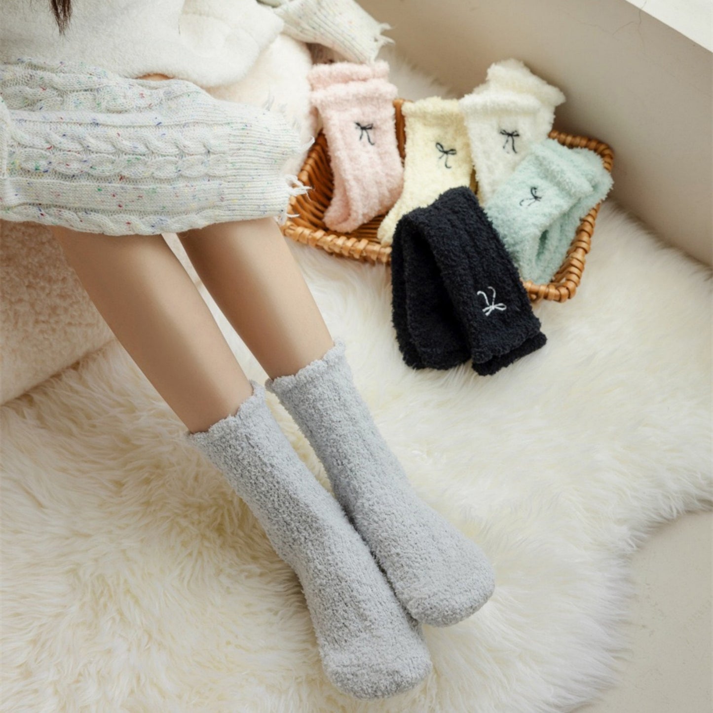 3-Pack Fuzzy Crew Socks with Embroidered Bow Detail and Soft Plush Texture