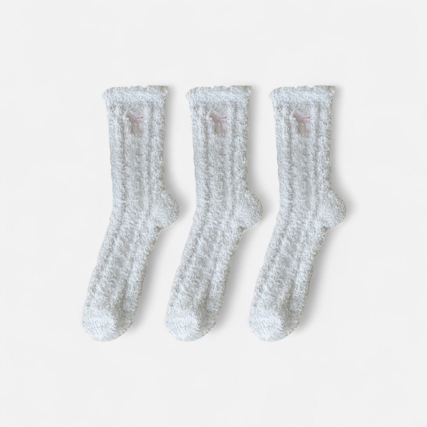 3-Pack Fuzzy Crew Socks with Embroidered Bow Detail and Soft Plush Texture