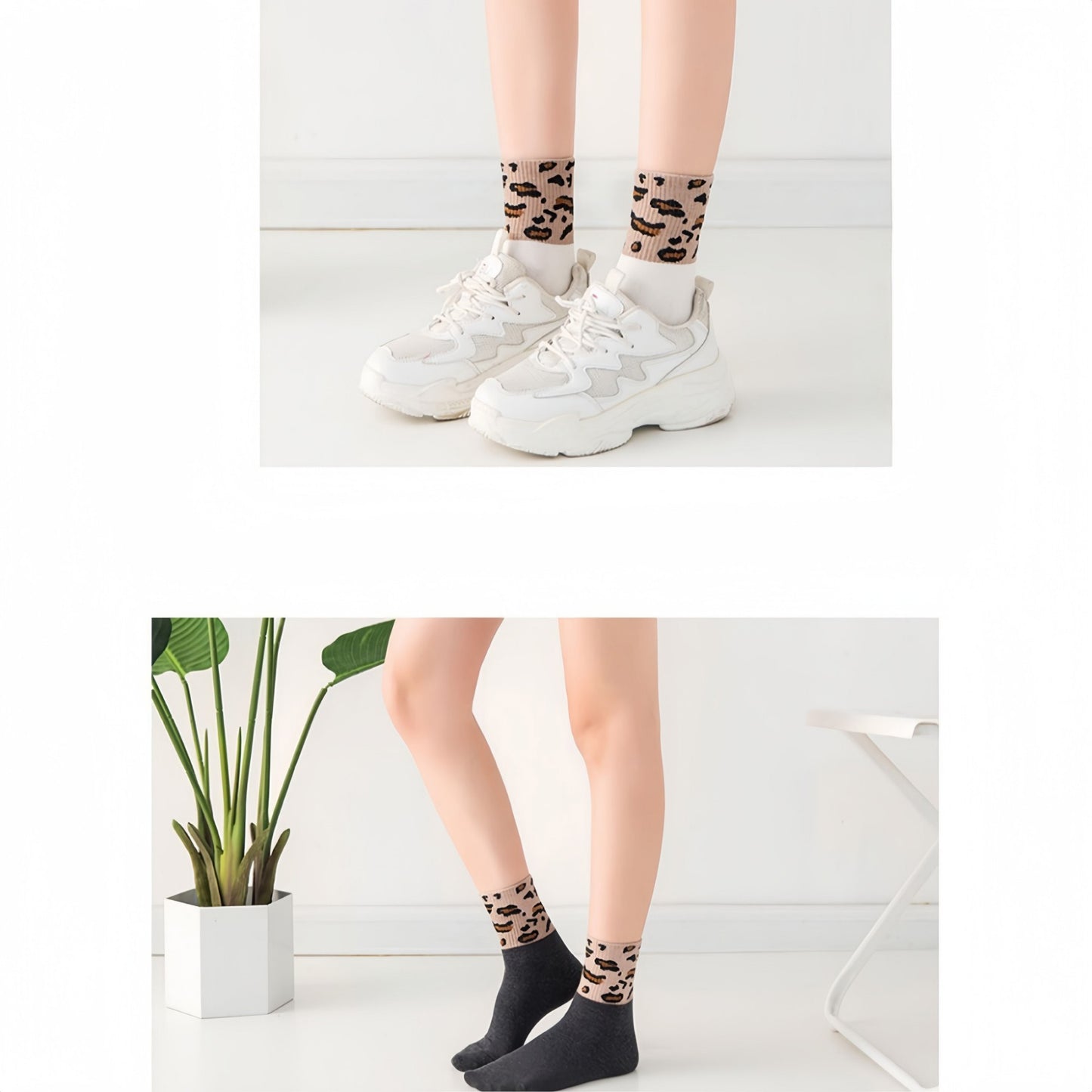 3-Pack Crew Socks with Ribbed Leopard Print Cuffs and Soft Stretch Knit Design