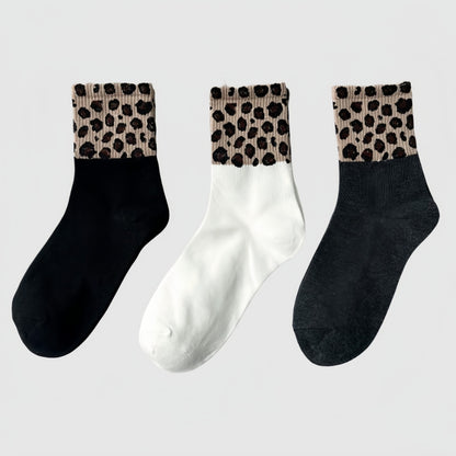 3-Pack Crew Socks with Ribbed Leopard Print Cuffs and Soft Stretch Knit Design