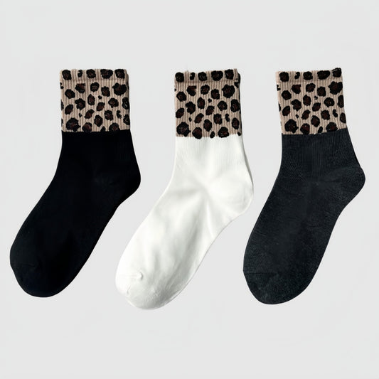 3-Pack Crew Socks with Ribbed Leopard Print Cuffs and Soft Stretch Knit Design