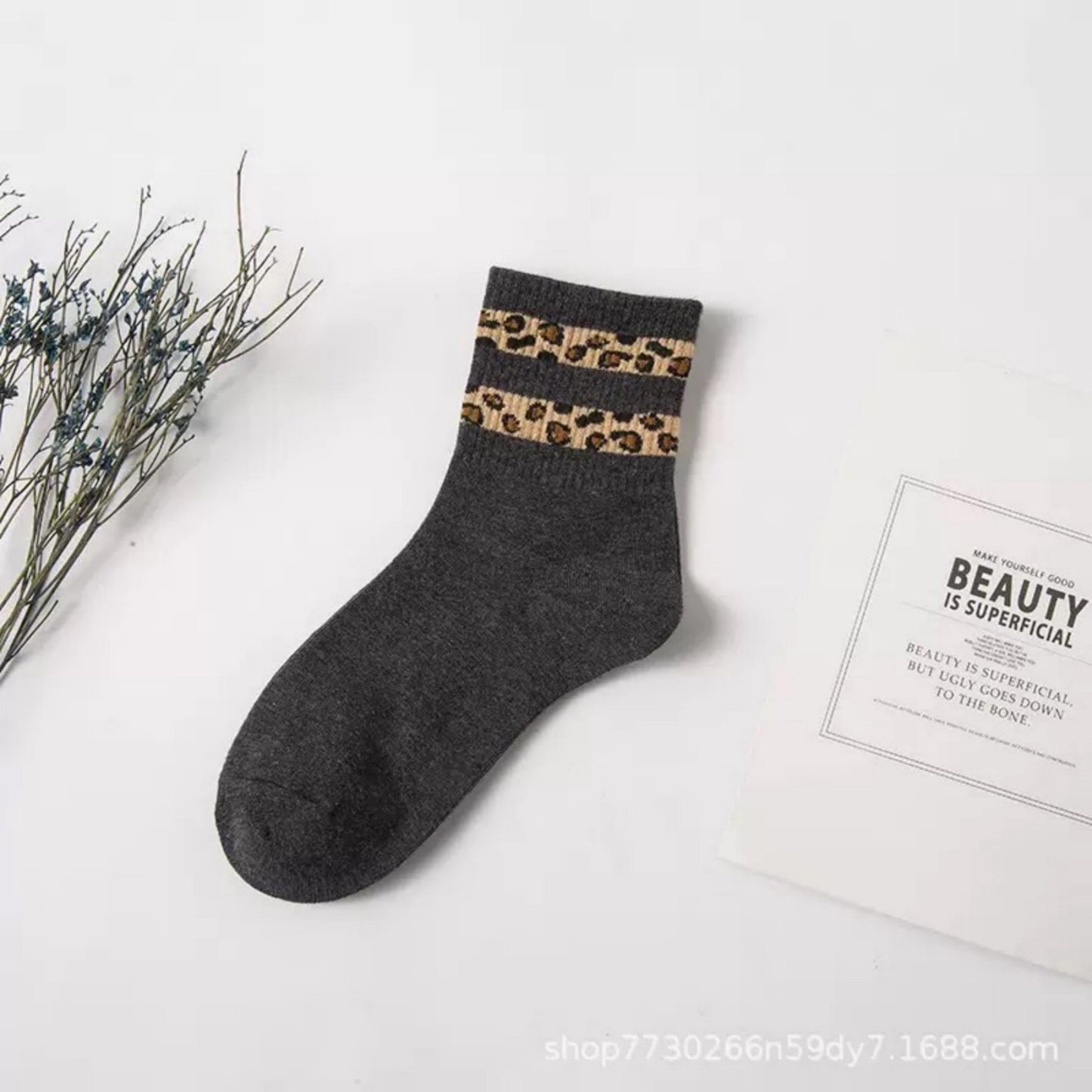 3-Pack Crew Socks with Ribbed Leopard Print Cuffs and Soft Stretch Knit Design