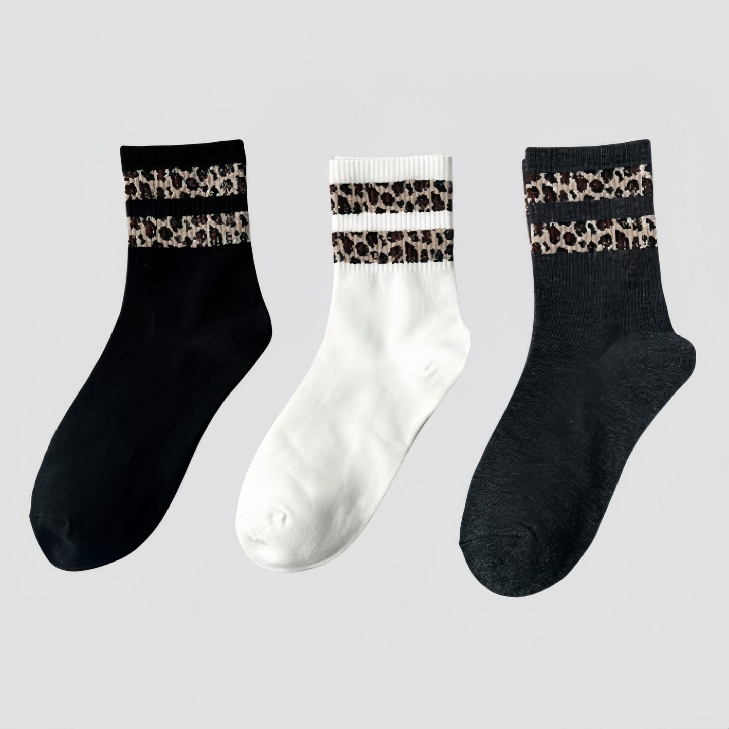 3-Pack Crew Socks with Ribbed Leopard Print Cuffs and Soft Stretch Knit Design
