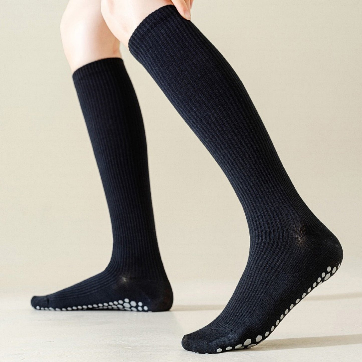 2-Pack Long Ribbed Non-Slip Socks with Grip Soles for Indoor Comfort and Support