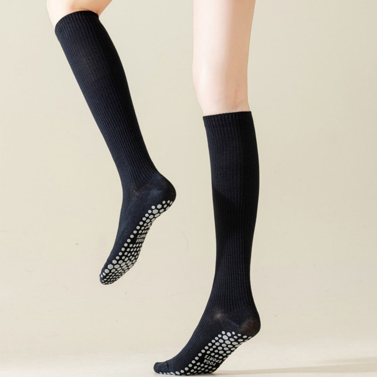 2-Pack Long Ribbed Non-Slip Socks with Grip Soles for Indoor Comfort and Support