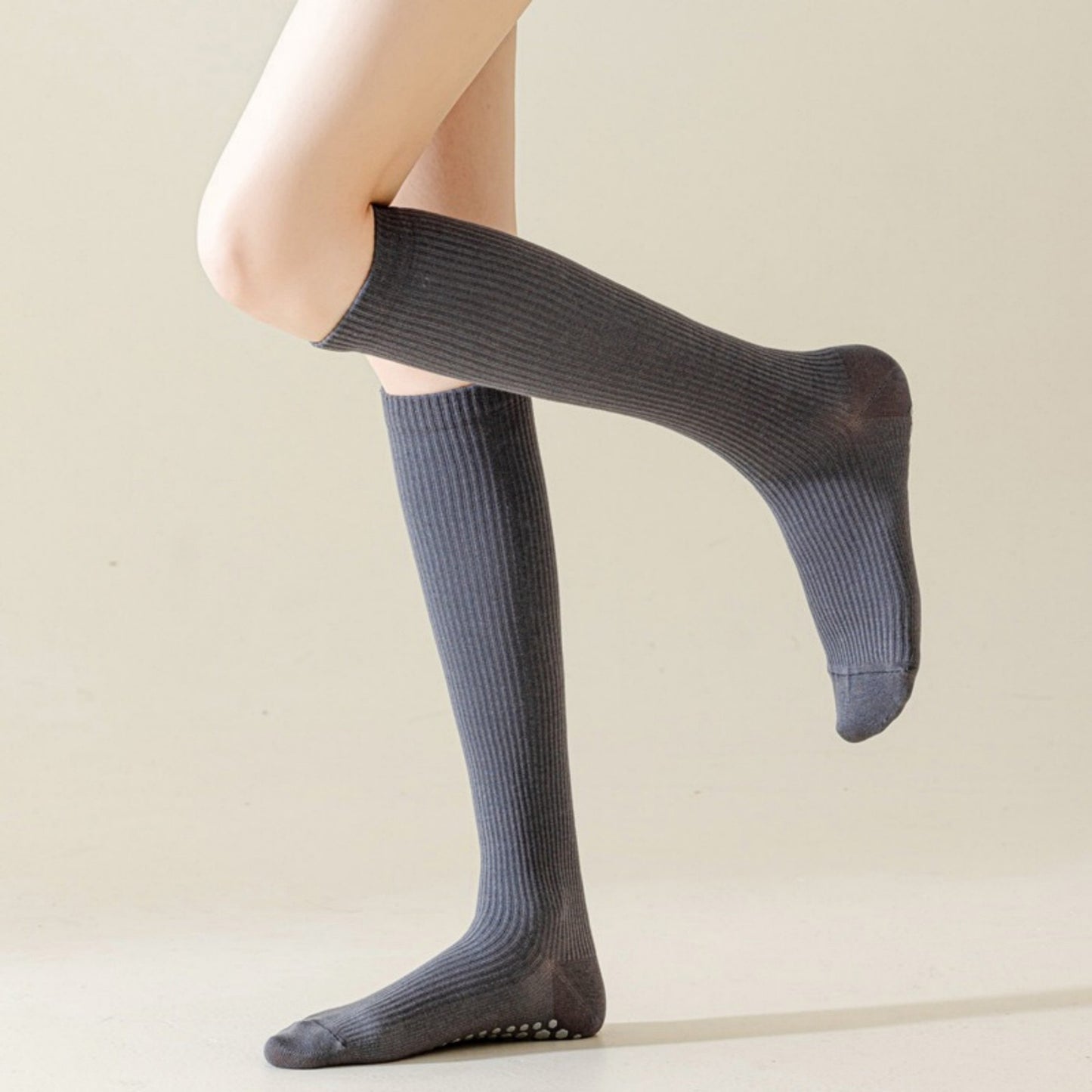 2-Pack Long Ribbed Non-Slip Socks with Grip Soles for Indoor Comfort and Support