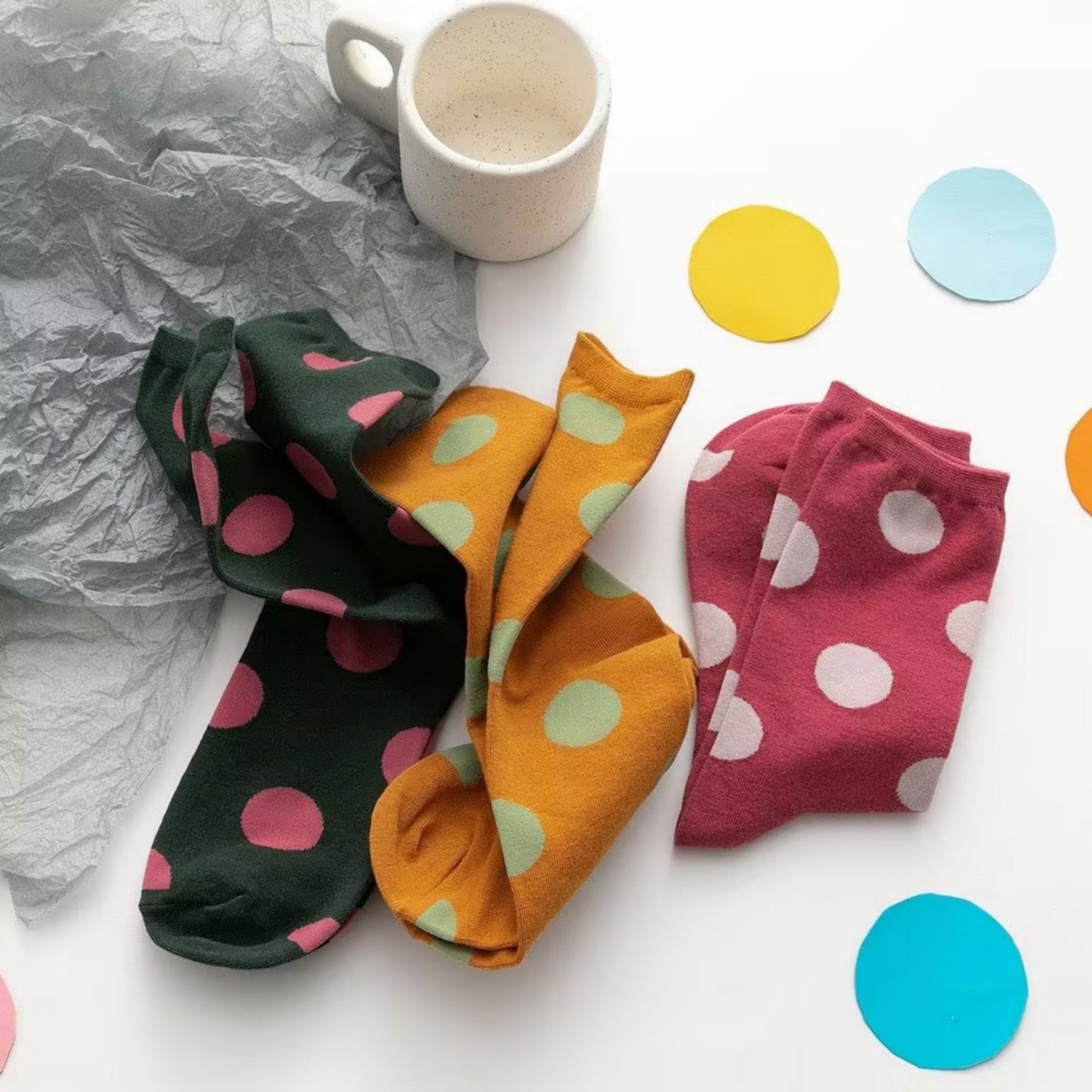 3-Pack Polka Dot Crew Socks Soft Knit Stretch Fabric Bold Retro Dot Pattern Sock Set