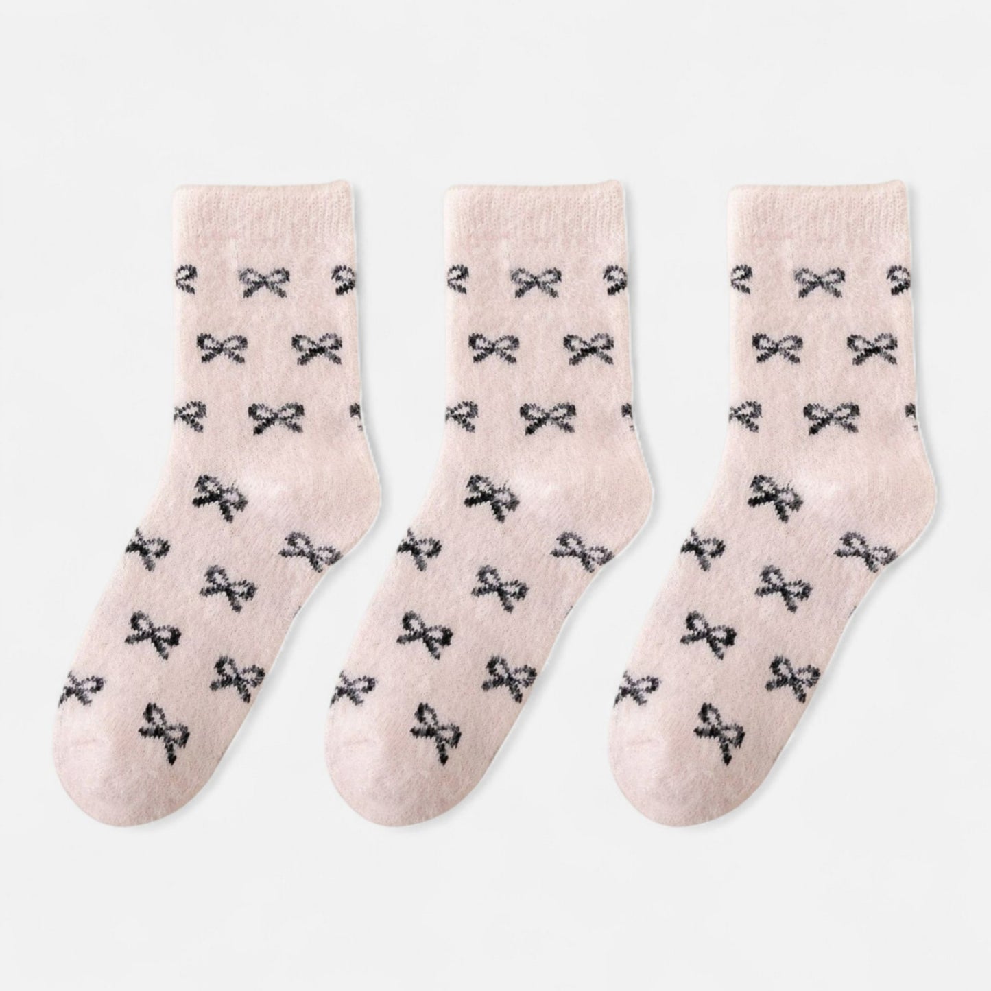 3-Pack Fuzzy Crew Socks with Allover Bow Pattern Soft Cozy Knit Winter Sock Set