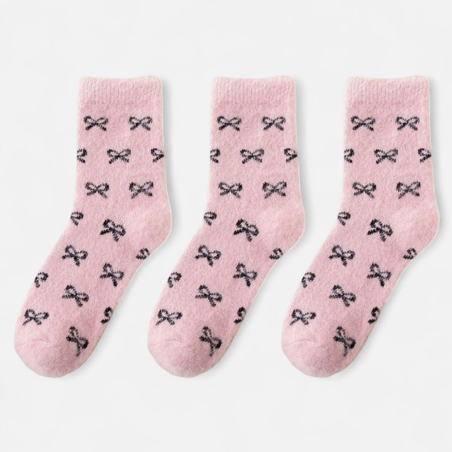 3-Pack Fuzzy Crew Socks with Allover Bow Pattern Soft Cozy Knit Winter Sock Set