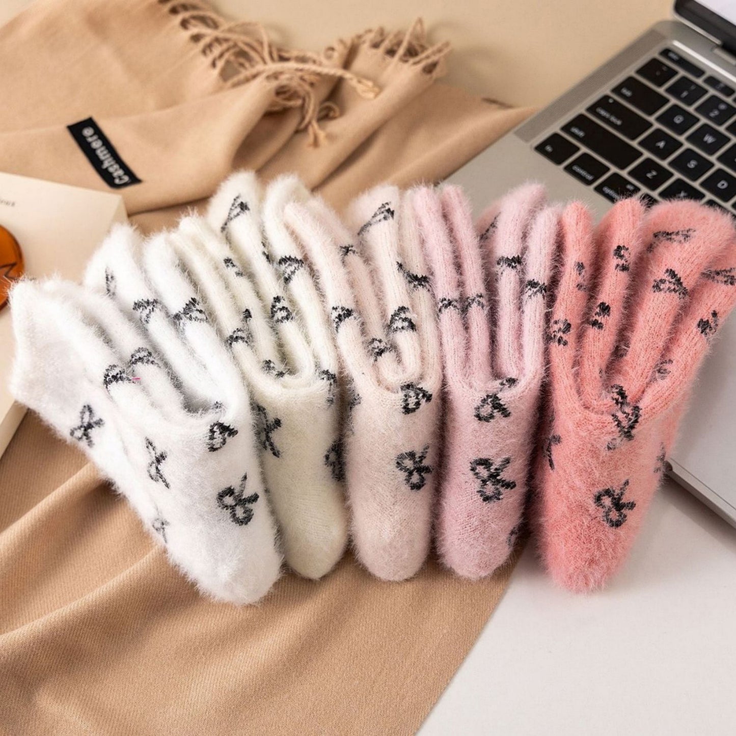 3-Pack Fuzzy Crew Socks with Allover Bow Pattern Soft Cozy Knit Winter Sock Set