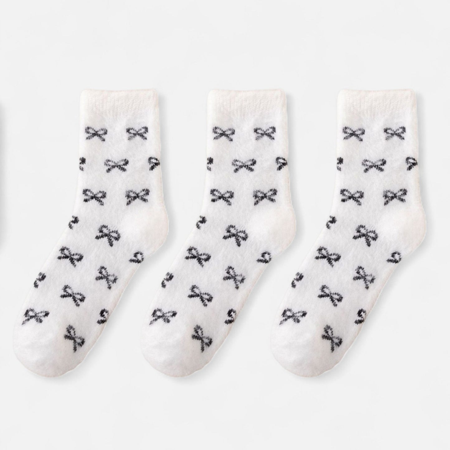 3-Pack Fuzzy Crew Socks with Allover Bow Pattern Soft Cozy Knit Winter Sock Set