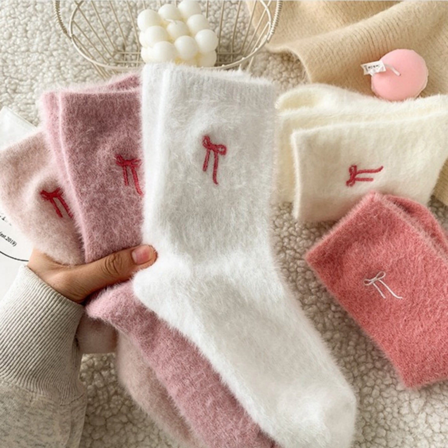 3-Pack Fuzzy Crew Socks with Embroidered Bow Detail Soft Cozy Lounge Sock Set