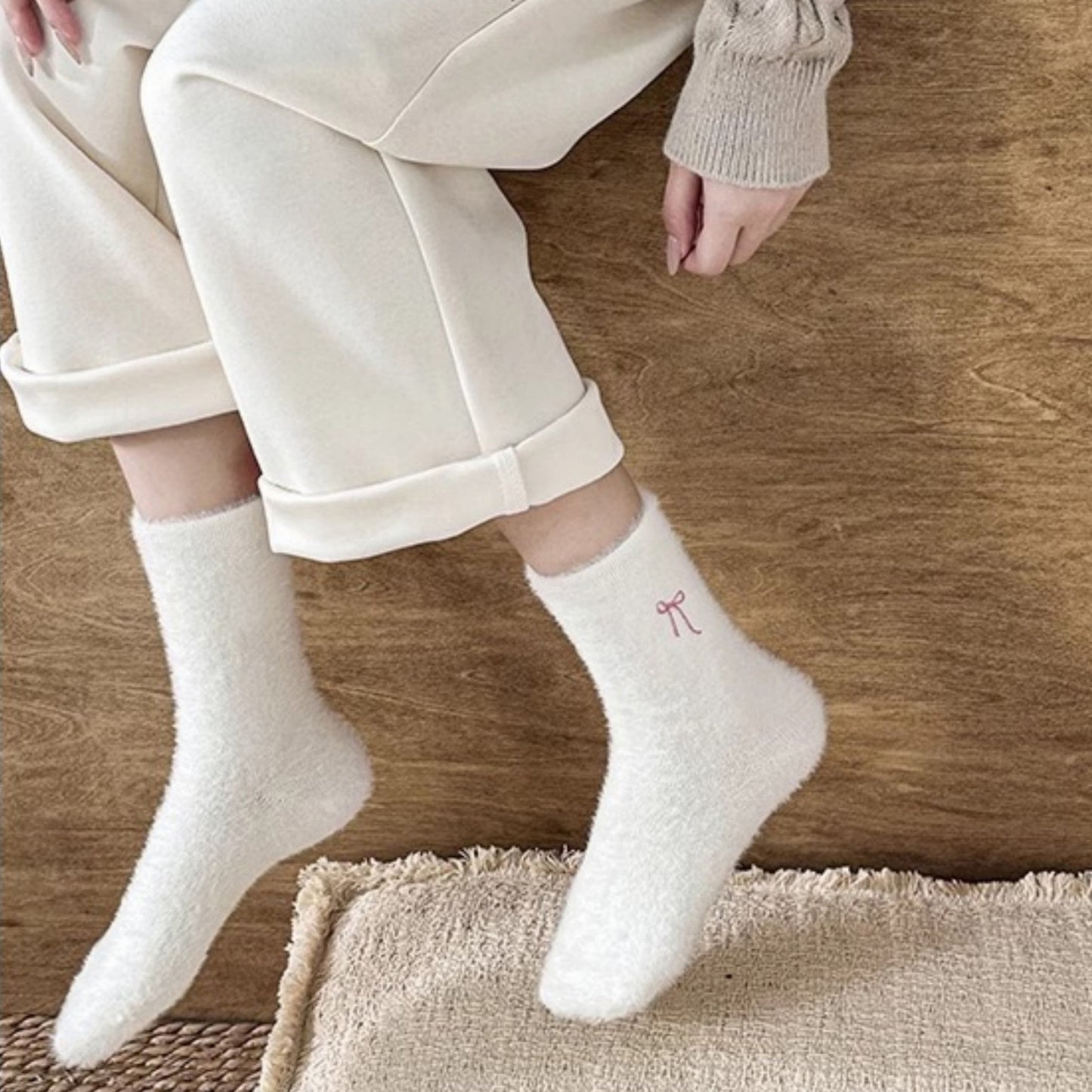 3-Pack Fuzzy Crew Socks with Embroidered Bow Detail Soft Cozy Lounge Sock Set