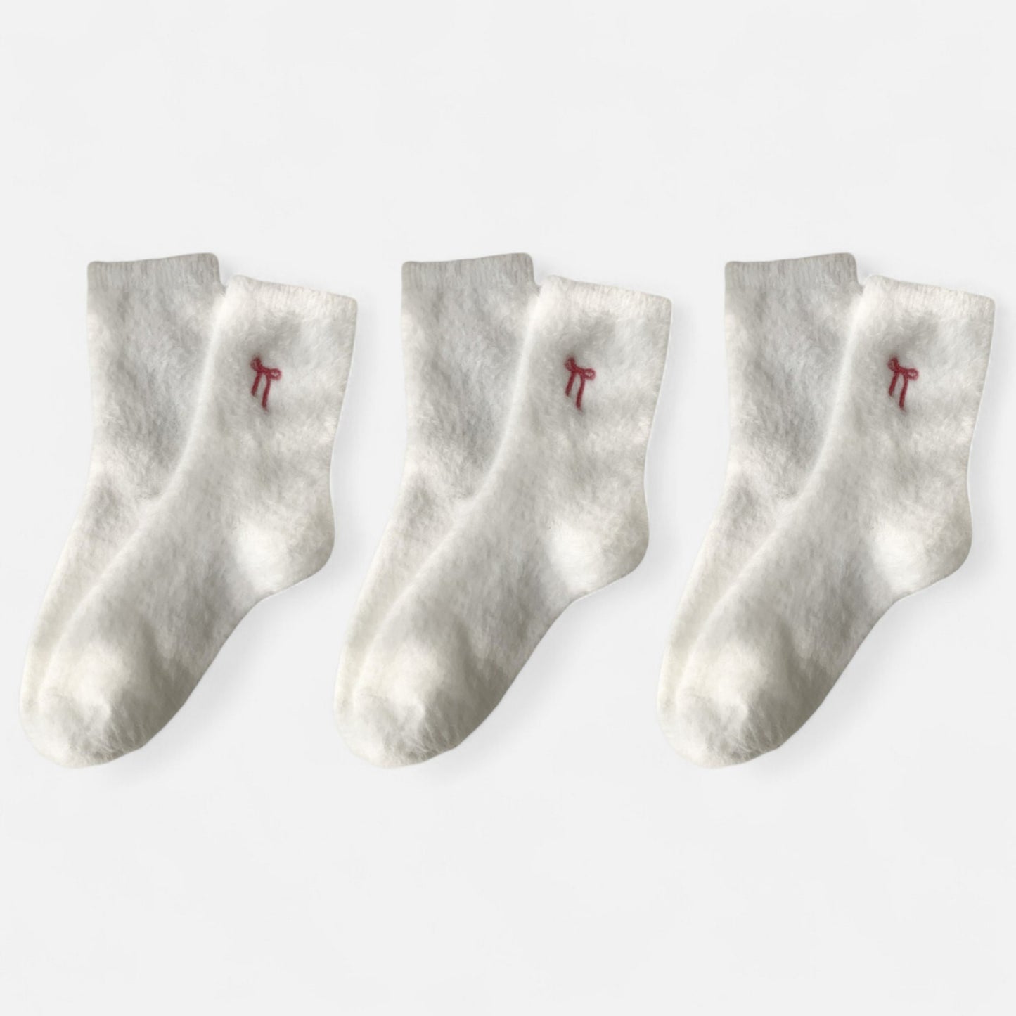 3-Pack Fuzzy Crew Socks with Embroidered Bow Detail Soft Cozy Lounge Sock Set