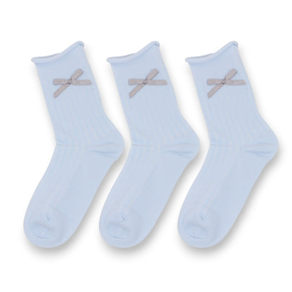 3-Pack Women's Cotton Crew Socks with Embroidered Bows and Cute Style