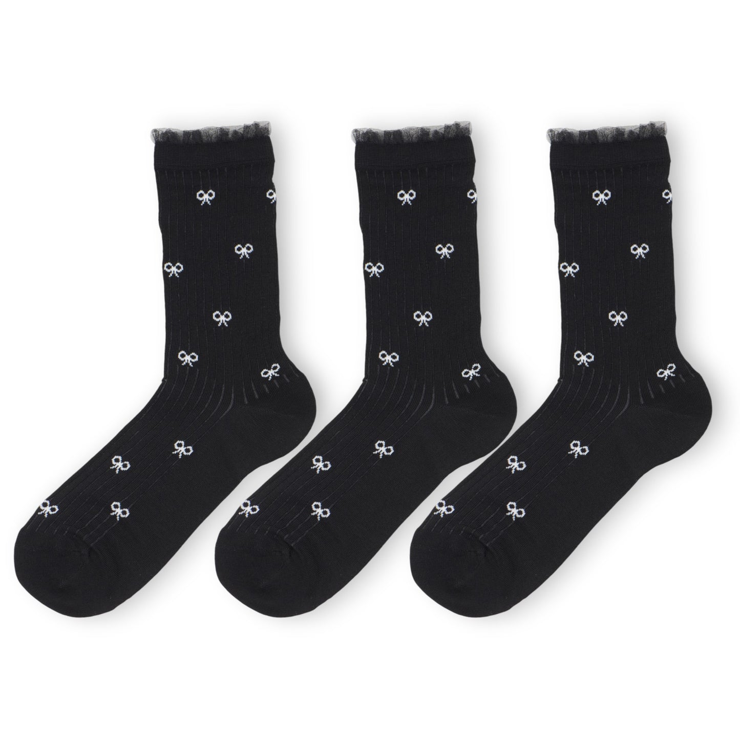 3-Pack Women's Crew Socks with Allover Bow Embroidery and Ribbed Texture