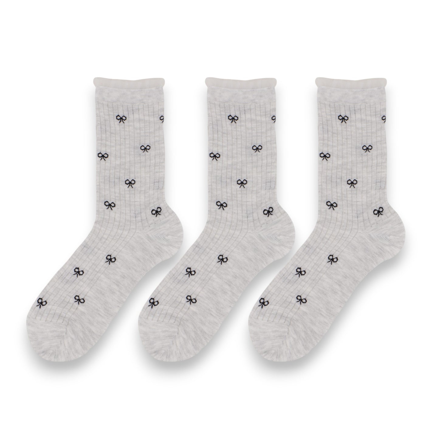 3-Pack Women's Crew Socks with Allover Bow Embroidery and Ribbed Texture