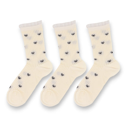 3-Pack Women's Crew Socks with Allover Bow Embroidery and Ribbed Texture