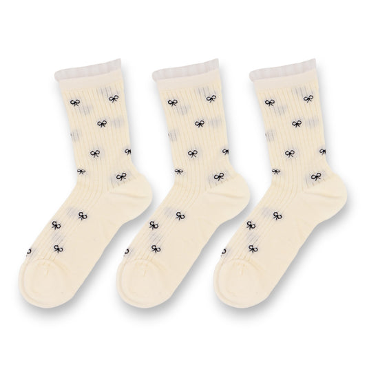 3-Pack Women's Crew Socks with Allover Bow Embroidery and Ribbed Texture