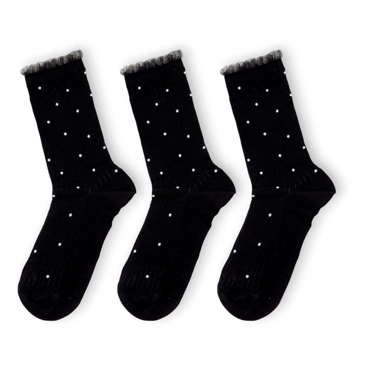 3-Pack Women's Crew Socks with Ribbed Texture and Allover Polka Dot Pattern