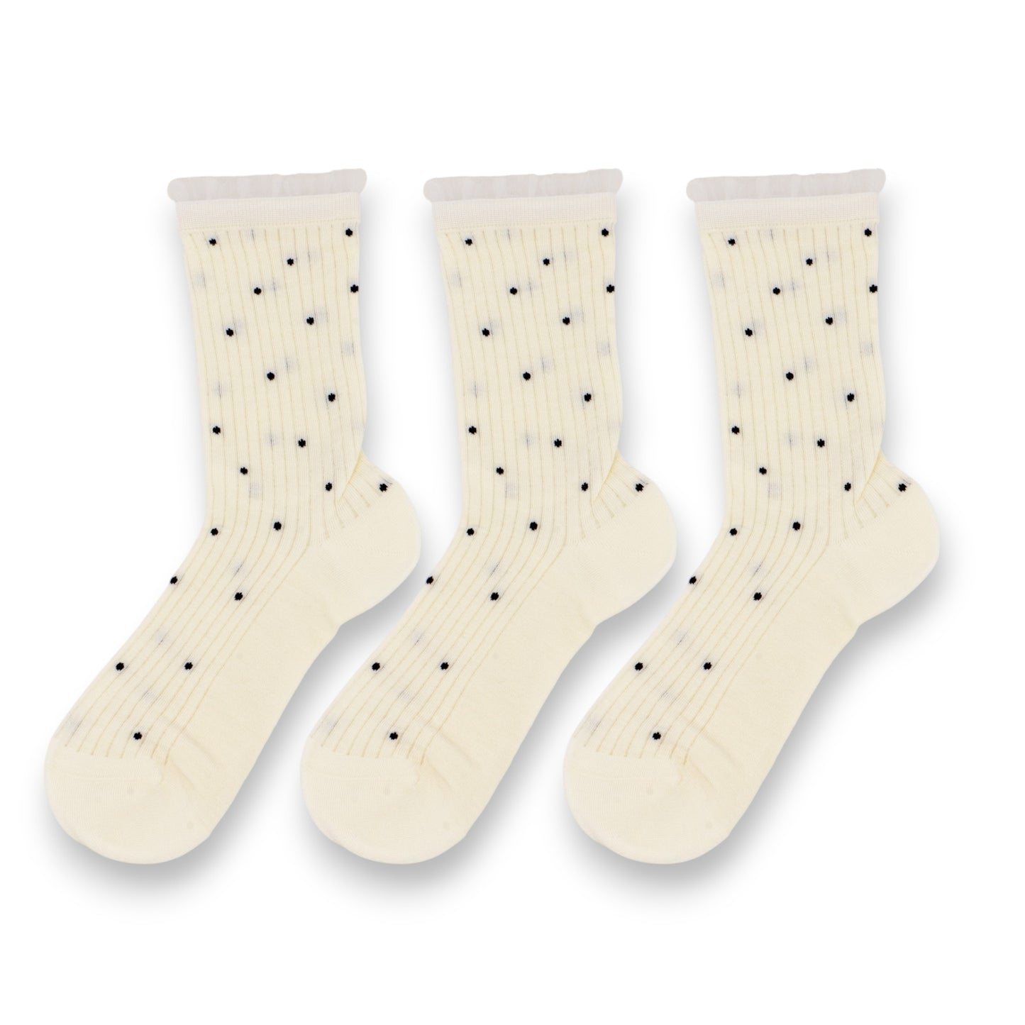 3-Pack Women's Crew Socks with Ribbed Texture and Allover Polka Dot Pattern