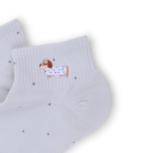 3-Pack Women's Cotton Ankle Socks with Embroidered Dog and Dotted Knit Pattern