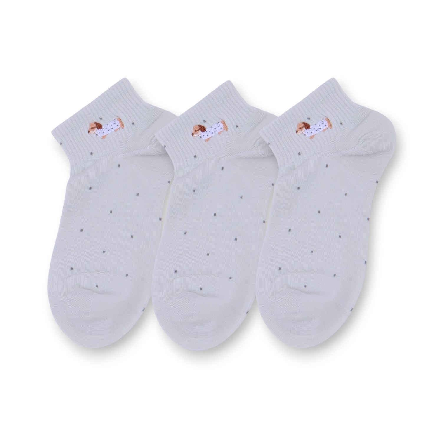 3-Pack Women's Cotton Ankle Socks with Embroidered Dog and Dotted Knit Pattern