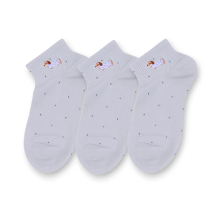 3-Pack Women's Cotton Ankle Socks with Embroidered Dog and Dotted Knit Pattern