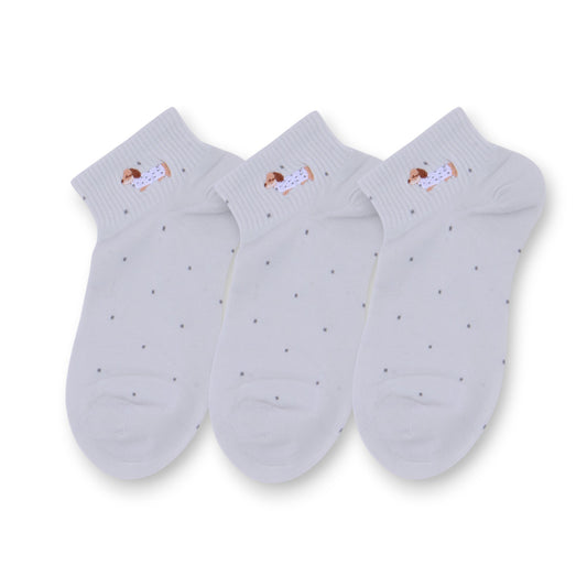 3-Pack Women's Cotton Ankle Socks with Embroidered Dog and Dotted Knit Pattern