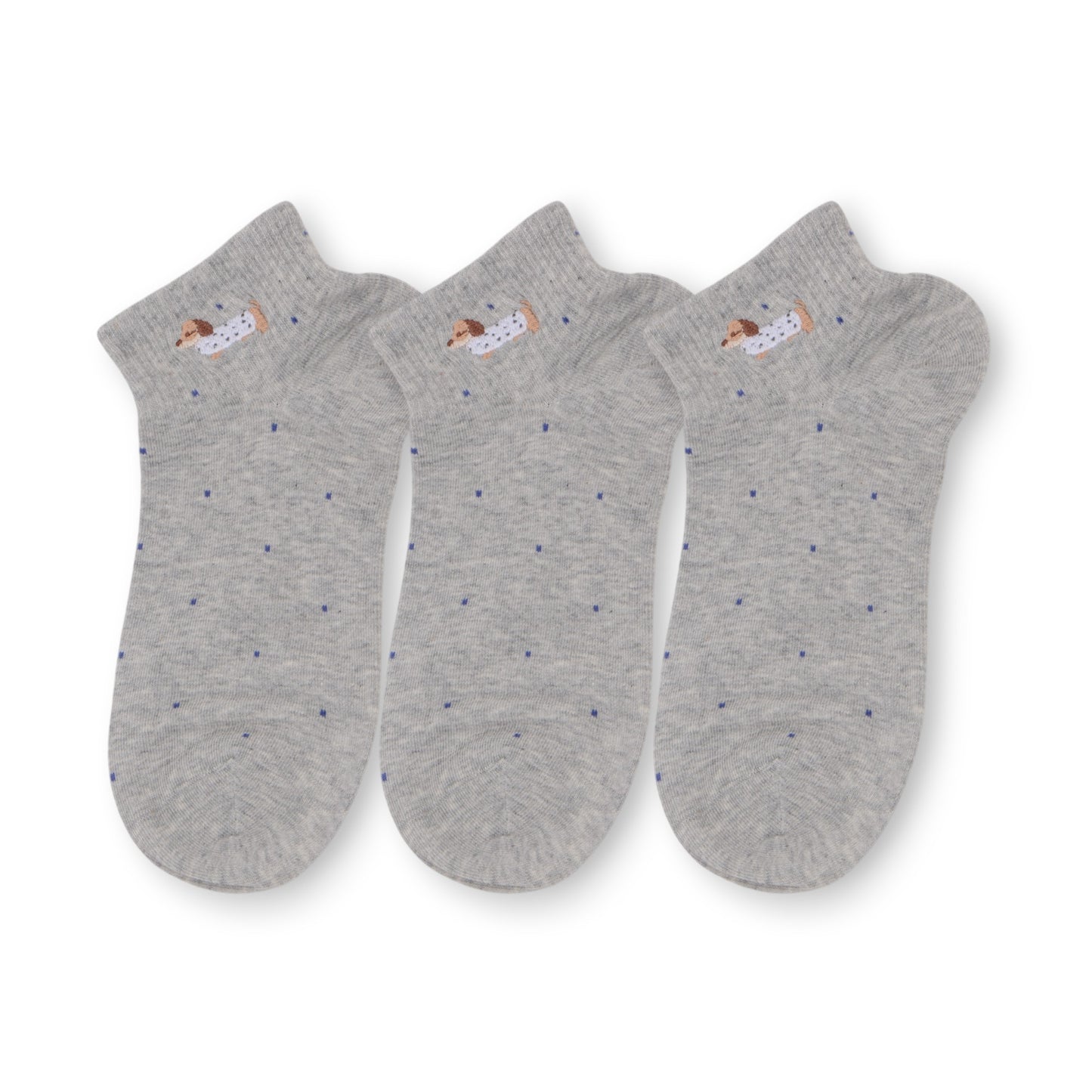 3-Pack Women's Cotton Ankle Socks with Embroidered Dog and Dotted Knit Pattern
