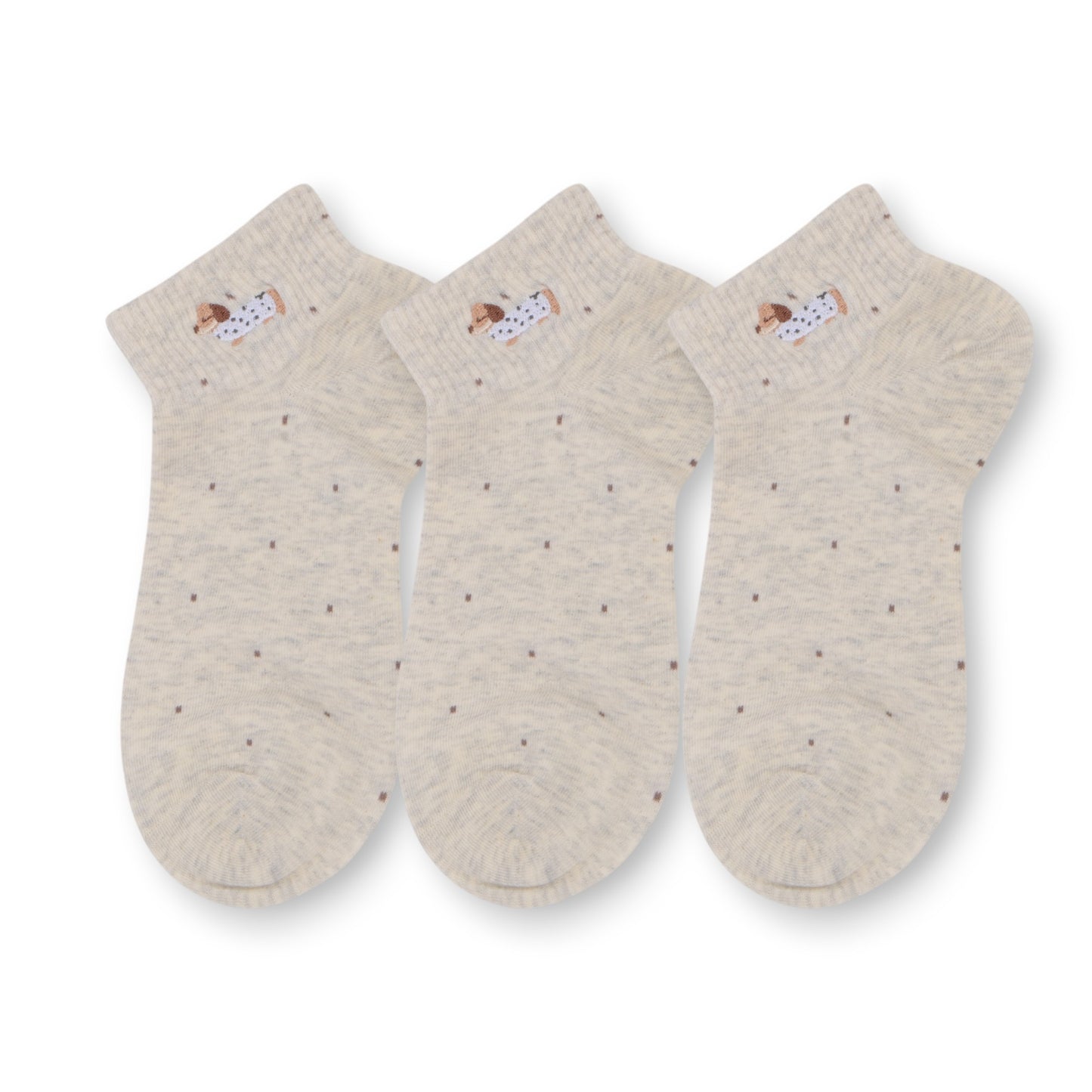 3-Pack Women's Cotton Ankle Socks with Embroidered Dog and Dotted Knit Pattern