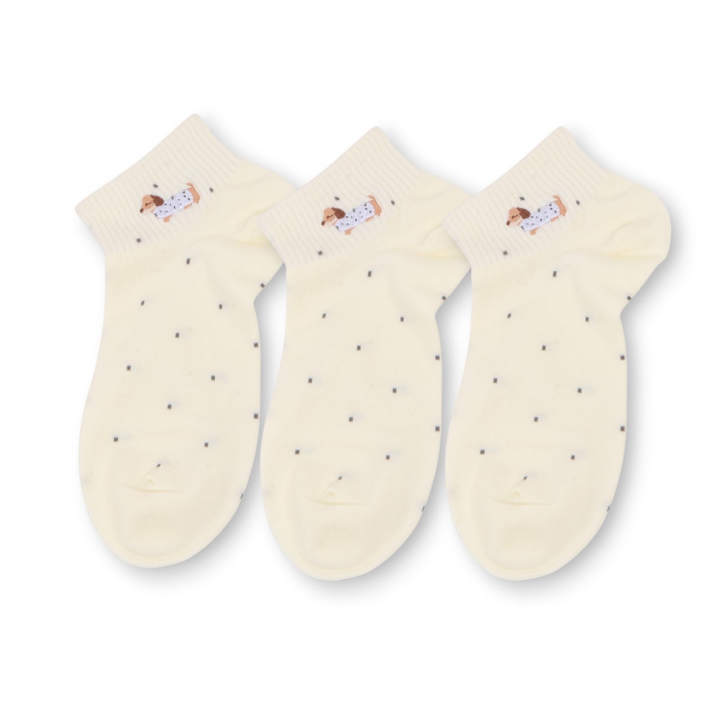3-Pack Women's Cotton Ankle Socks with Embroidered Dog and Dotted Knit Pattern