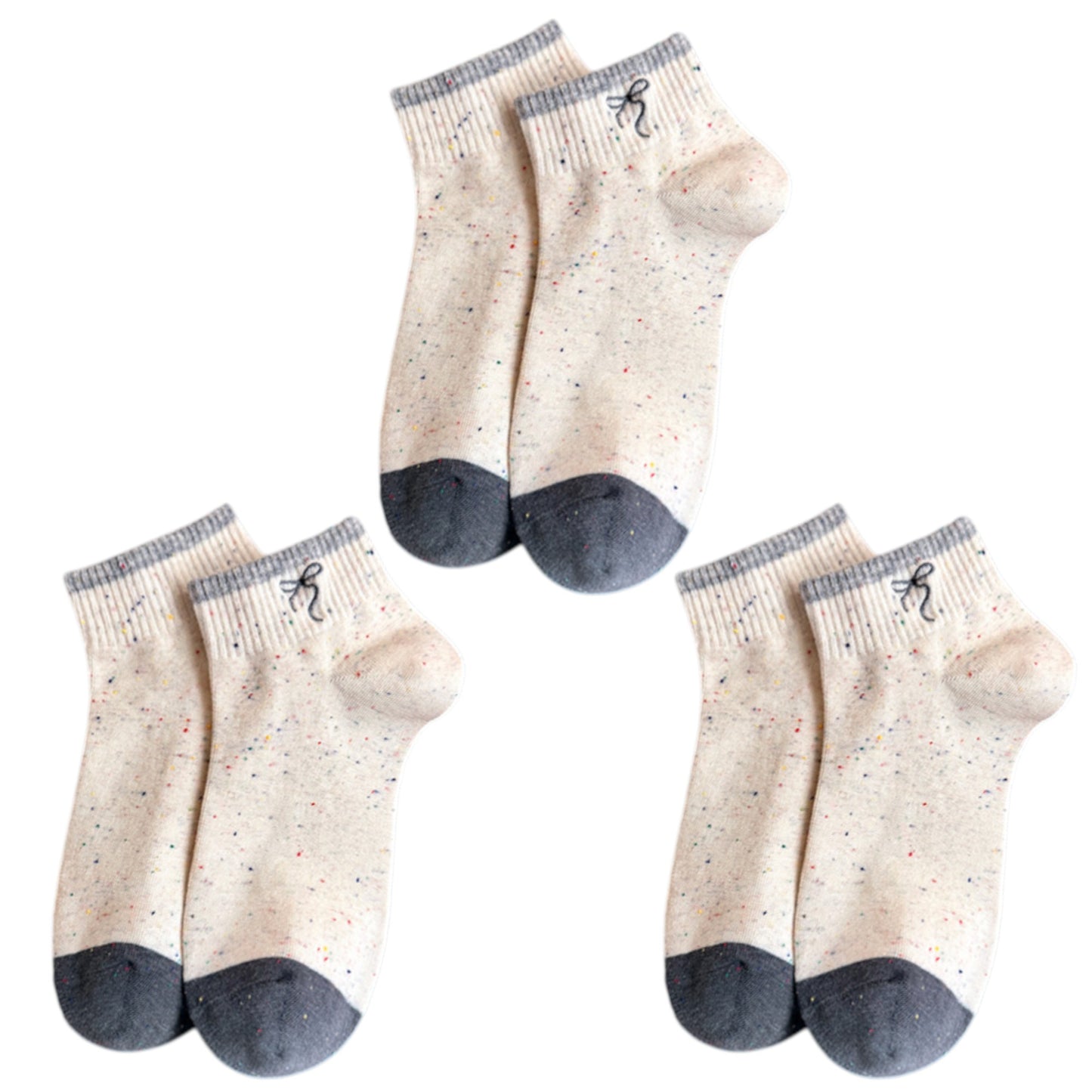 3-Pack Women's Cartoon Embroidered Cotton Ankle Socks with Stripes and Color Speckle Design