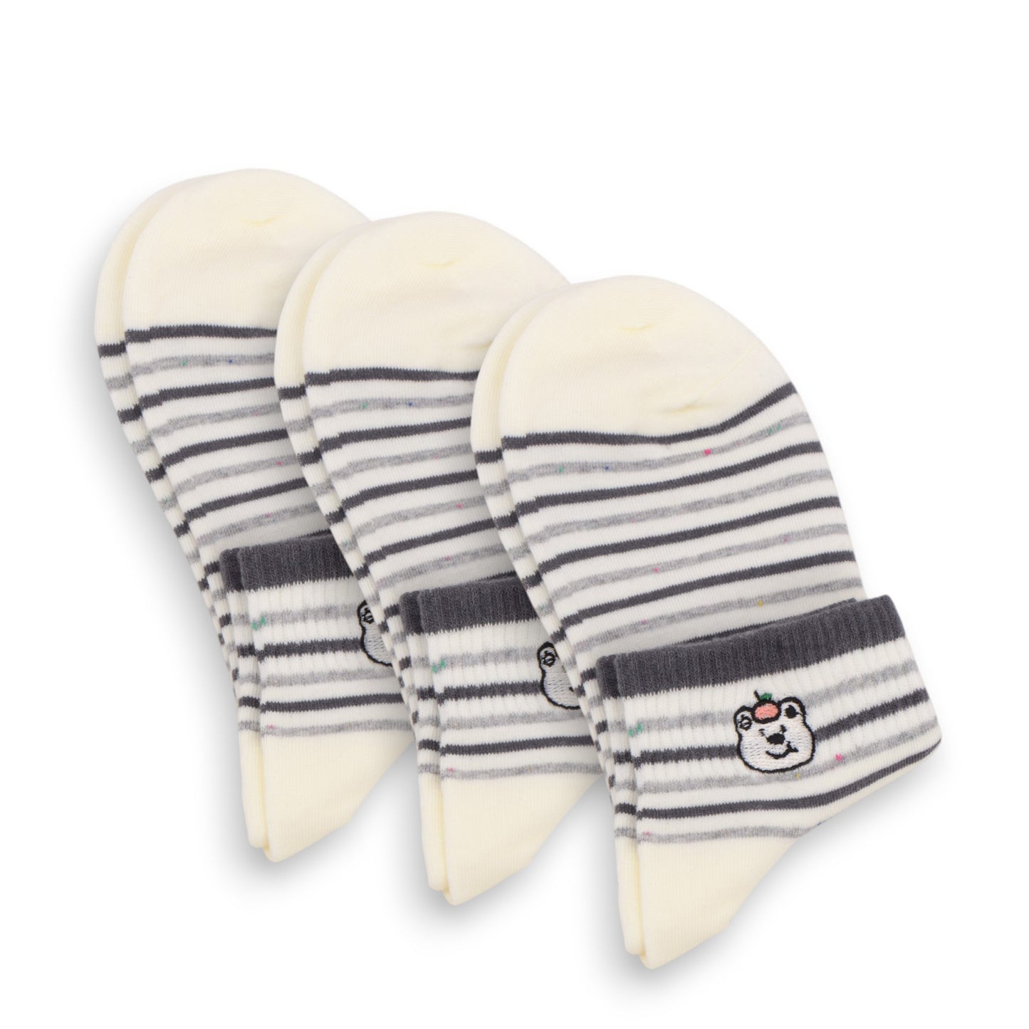 3-Pack Women's Cartoon Embroidered Cotton Ankle Socks with Stripes and Color Speckle Design