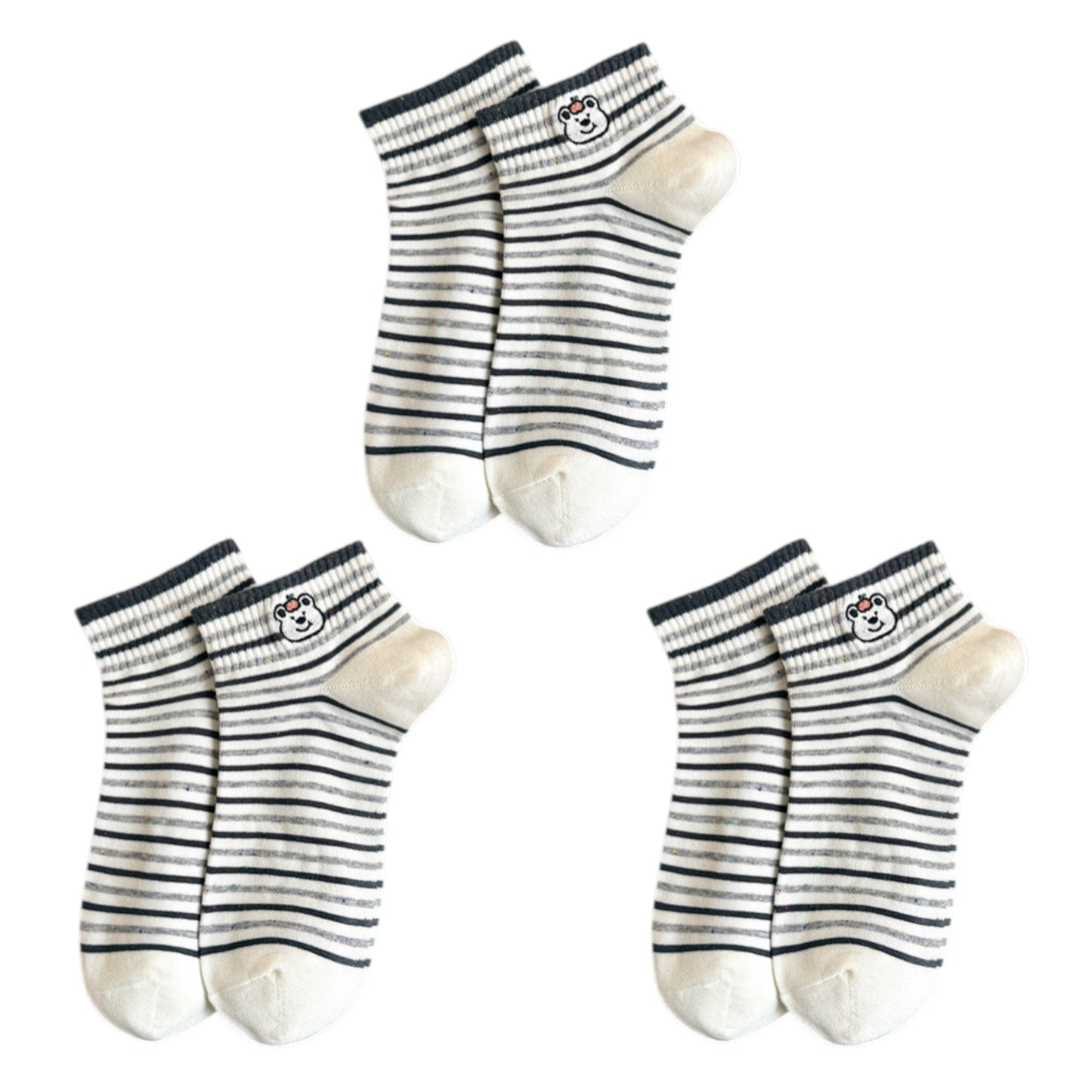3-Pack Women's Cartoon Embroidered Cotton Ankle Socks with Stripes and Color Speckle Design