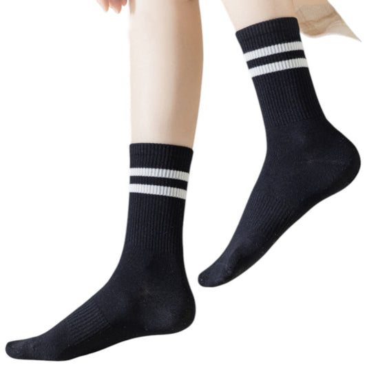 3-Pack Women's Cotton Crew Socks with Sporty Double Stripe Design in Assorted Colors